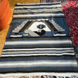 Mexican Aztec design blanket in blue, black, grey & white  48” wide & 77” long.
